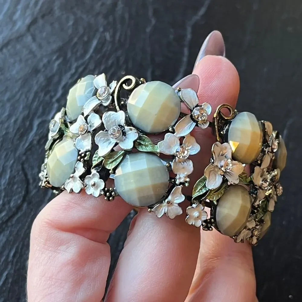 Estate Vintage White Green and Bronze Floral Garden Expanding Cuff Bracelet